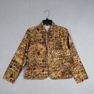 Chicos Jacket Womens 1 Brown Raw Silk Animal Print Collared Open Lightweight Top